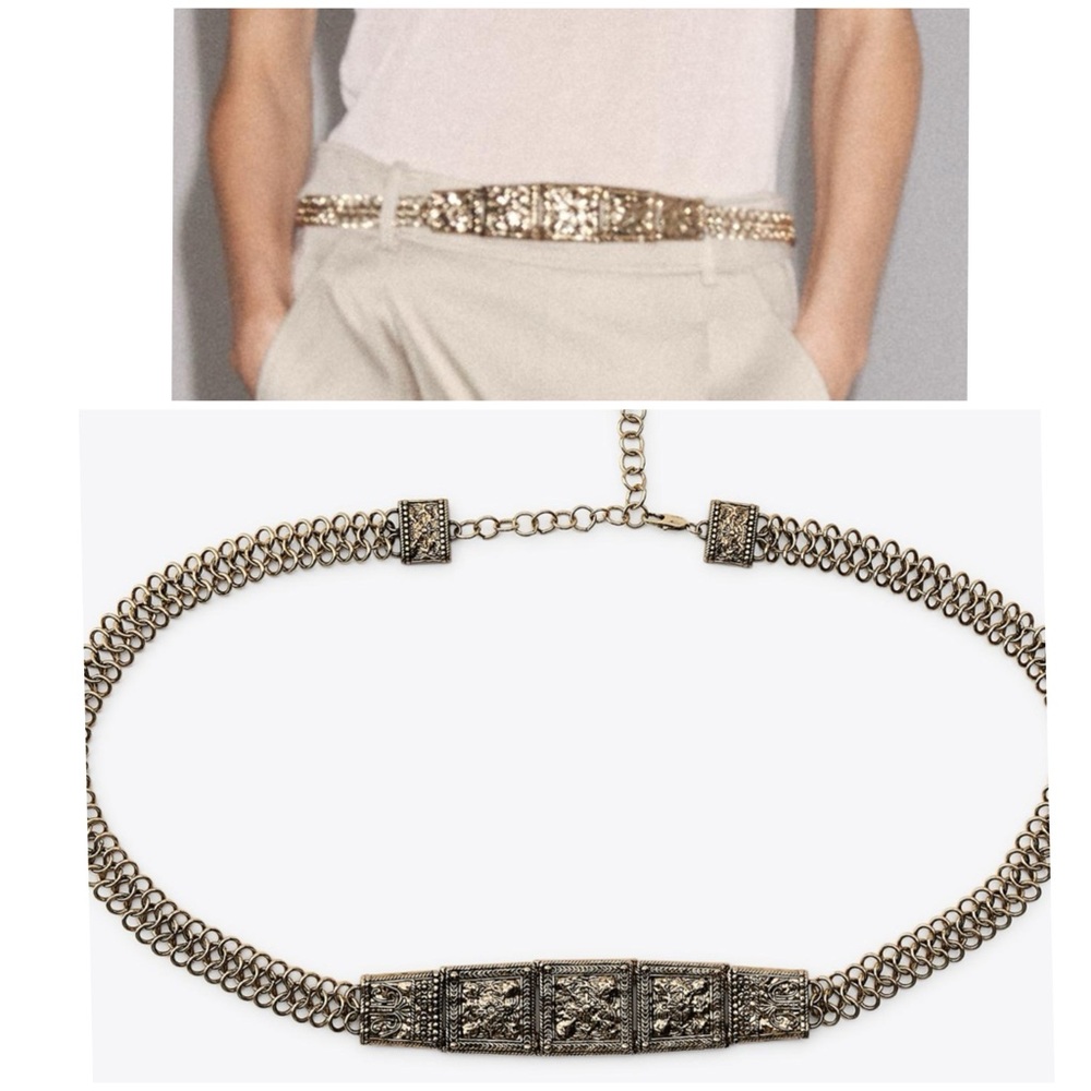 Zara engraved metal piece link belt
